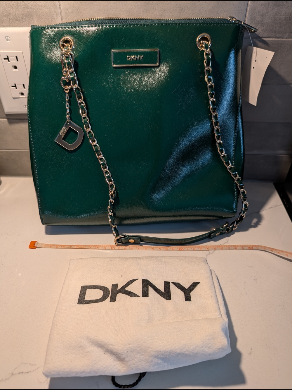 DKNY Emerald Green Patent Chain-Handle Shoulder Bag